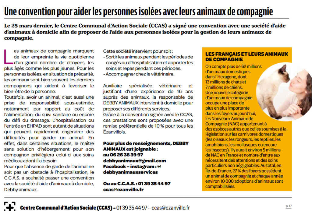 Debby Animaux Services article CCAS EZANVILLE PARTENARIAT