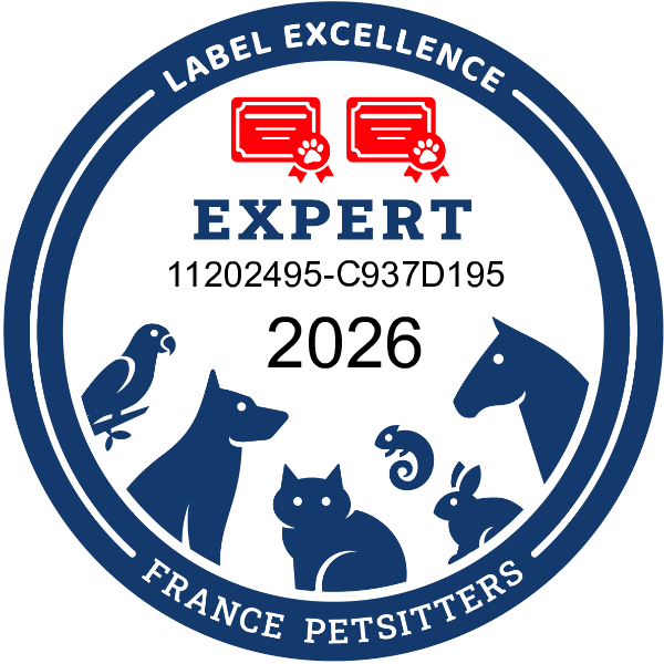 Label expert 2026 France Petsitters - niveau supérieur d’engagement pour la garde d’animaux à domicile.